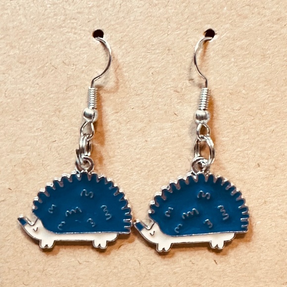 Hand Crafted Jewelry - Stainless Steel Earring Hooks Dangle Dark Blue Cream & Silver Hedgehog Handmade